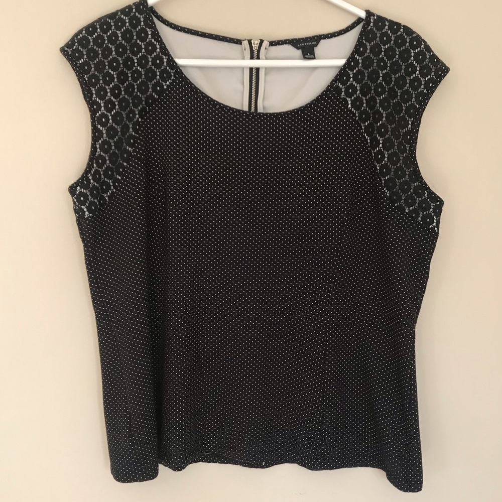 ANN TAYLOR Black WHITE Polka DOT LACE Blouse Top L